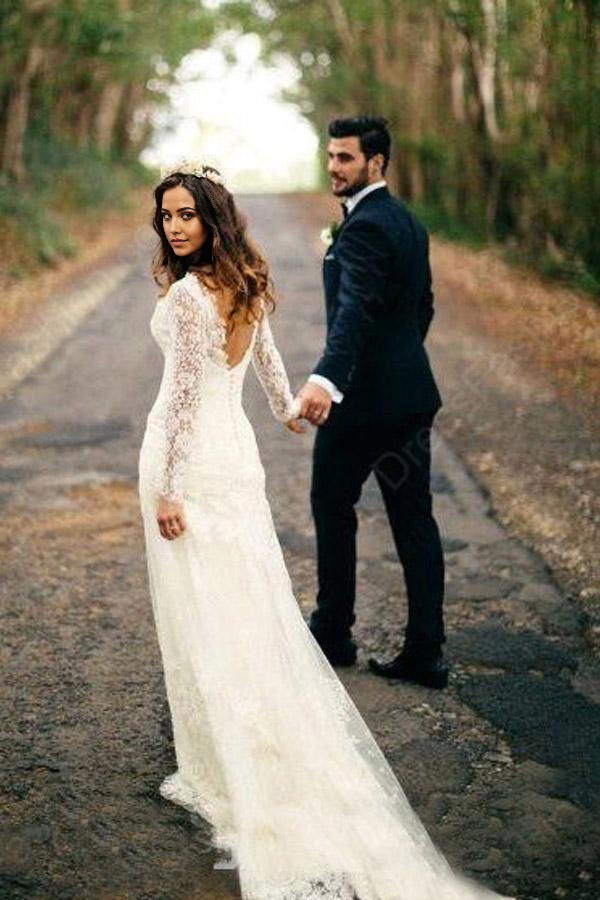 Wholesa Mermaid Sexy Long Sleeves White Lace Wedding Dress