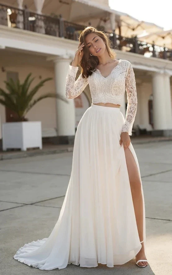 Wholesa Two Piece V-neck Train Lace Long Sleeves Wedding Dress with Sweep