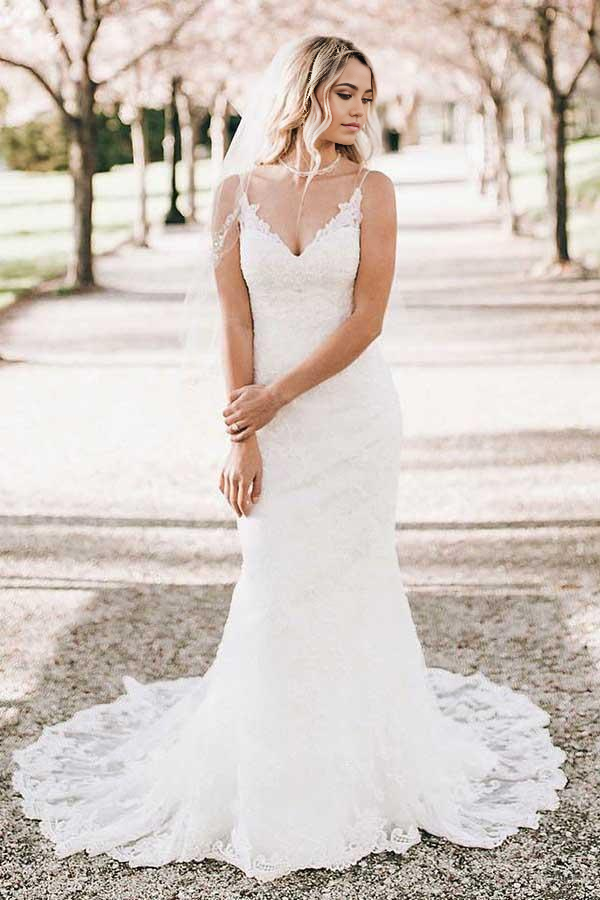 Wholesa Mermaid V-Neck Sweep Train Sleeveless Lace Wedding Dress