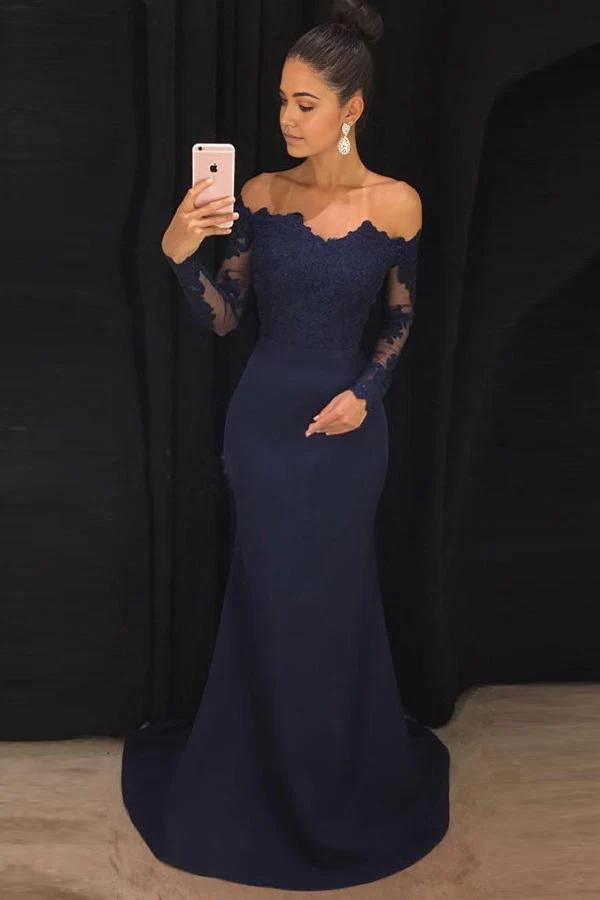 Wholesa Mermaid Off The Shoulder Navy Blue Long Prom Dresses with Long Sleeves
