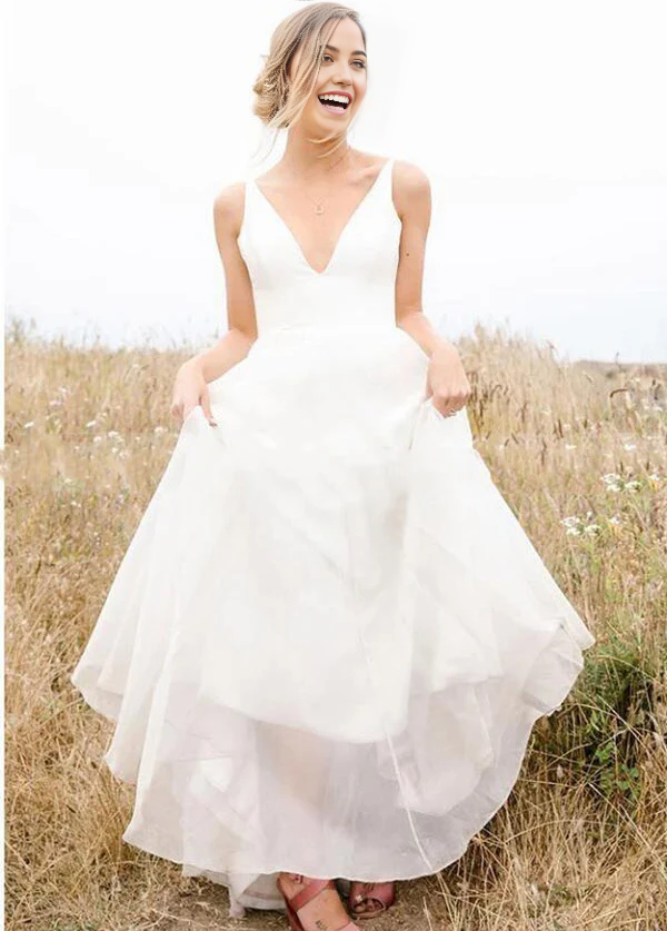 Wholesa A Line Deep V Neck Sleeveless Chiffon Simple Long Beach Wedding Dress