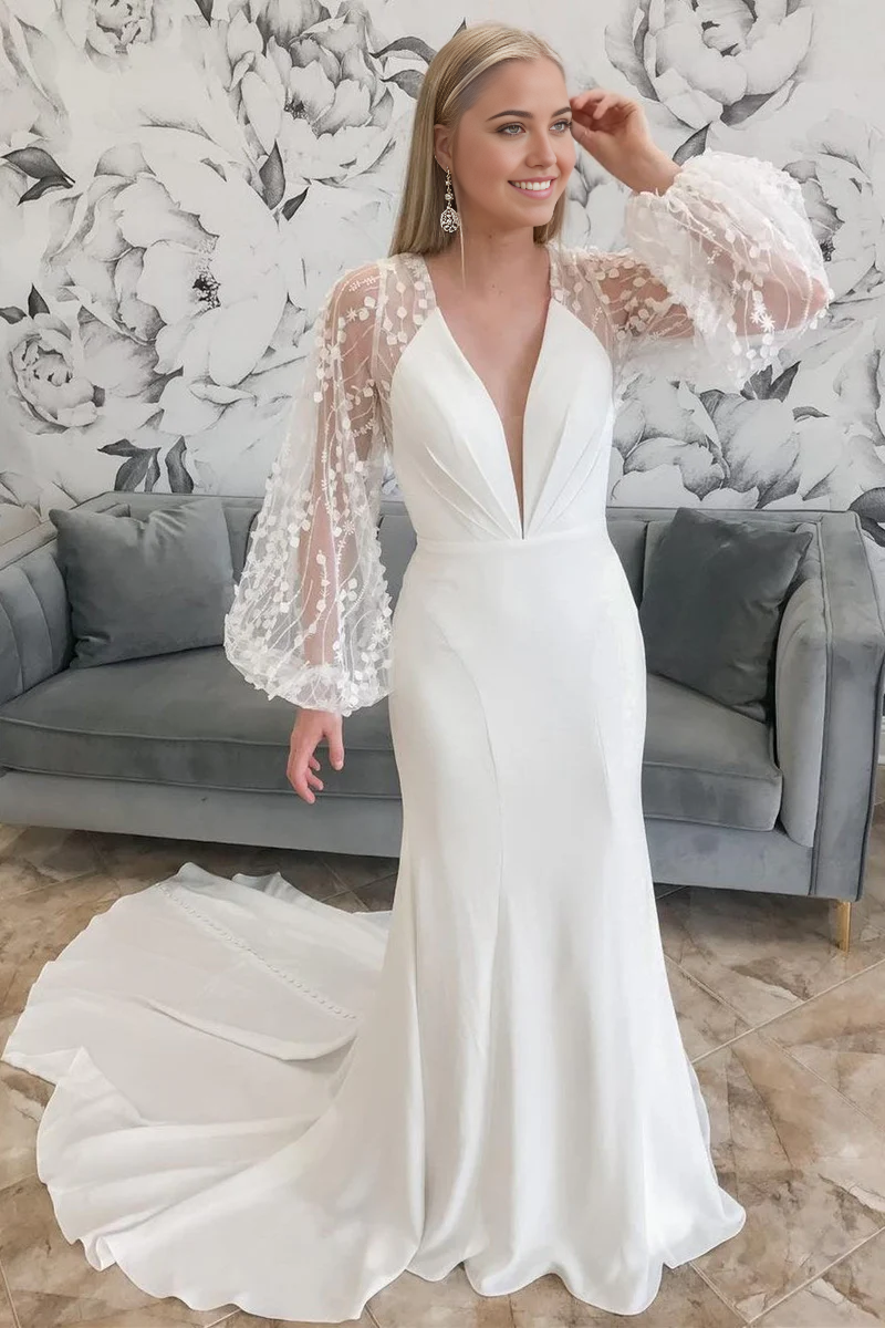 Wholesa Mermaid Plunge V Long Wedding Dress with Balloon Sleeves