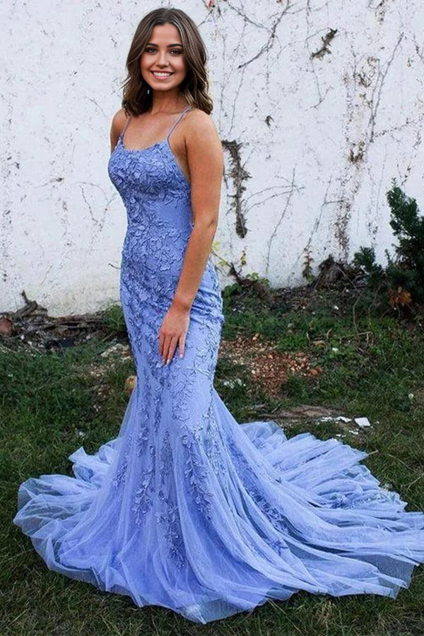 Wholesa Mermaid Backless Lace Blue Long Prom Dresses Formal Dresses