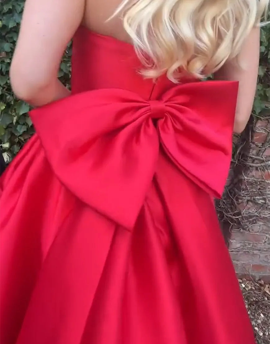 Wholesa A-Line Strapless Black Satin Long formal dresses evening dress Prom Dress with Bow