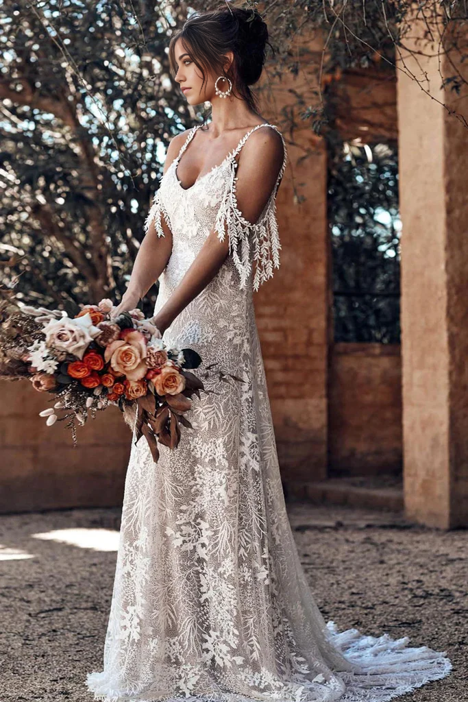 Wholesa Beach Mermaid Scoop Neckline Backless Ivory Bohemian Wedding Dress