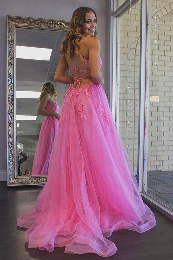 Wholesa A Line Scoop Neck Tulle Hot Pink Prom Evening Dresses with Split