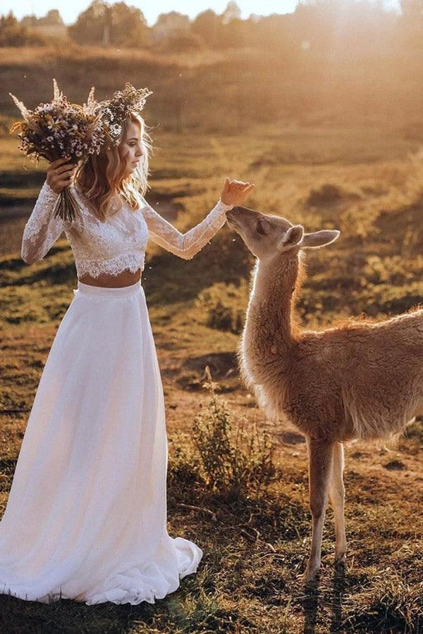 Wholesa Two Pieces A-line Chiffon Long Sleeves Bridal Gown Wedding Dresses