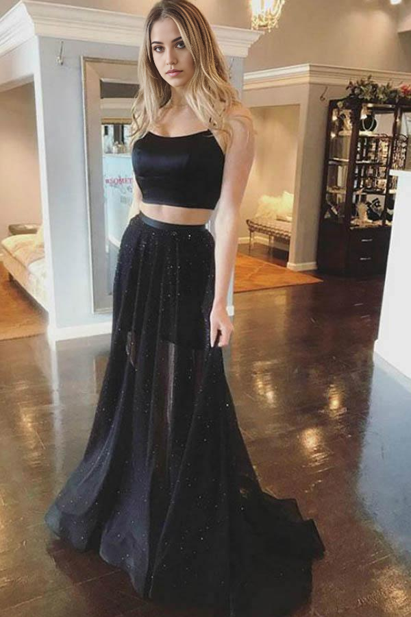 Wholesa Two Piece A-line Spaghetti Straps Cross Back Black Long Prom Dress