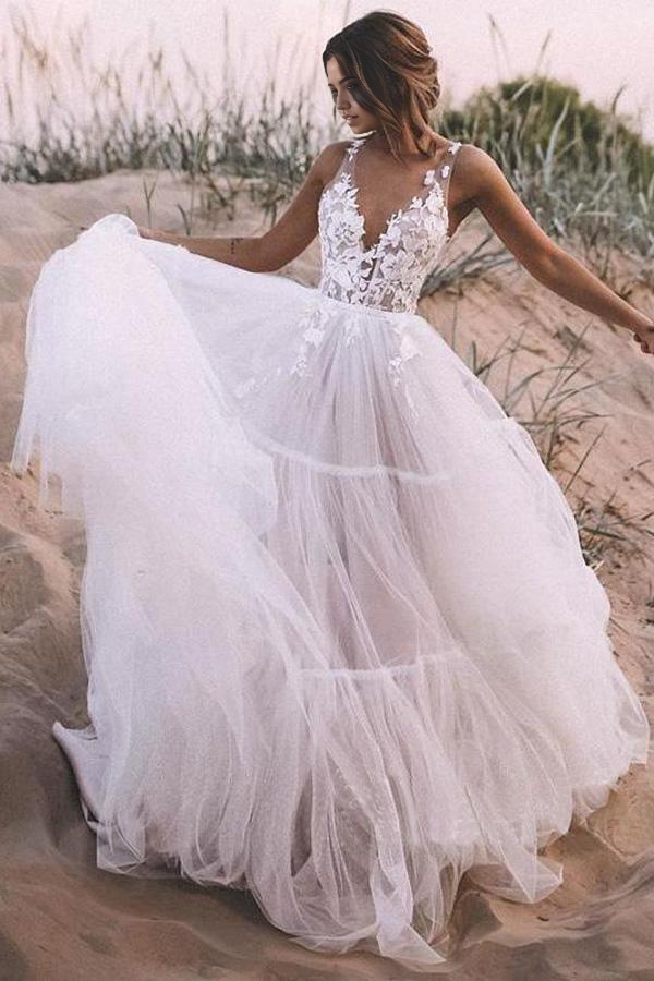 Wholesa A-line V Neck Lace Layered Tulle Skirt Outdoor Bridal Gown Wedding Dresses