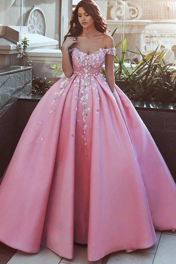 Wholesa A-line Off-the-Shoulder Pink Satin Ball Gown Prom Dress with Appliques
