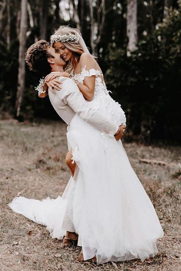 Wholesa A-line Off the Shoulder White Tulle Ball Gown Wedding Dresses with Applique