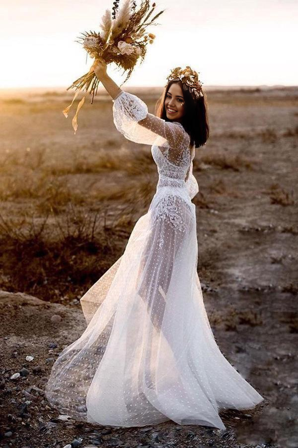 Wholesa Beach A-Line V-Neck Long Sleeves Wedding Dress with Appliques