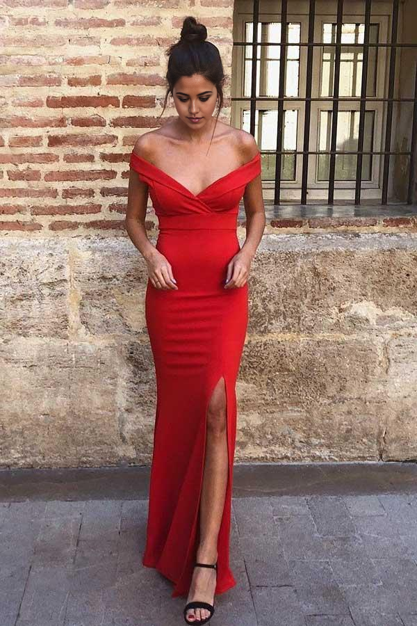 Wholesa Mermaid Off-the-Shoulder Split-Side Sweep Train Satin Prom Dress