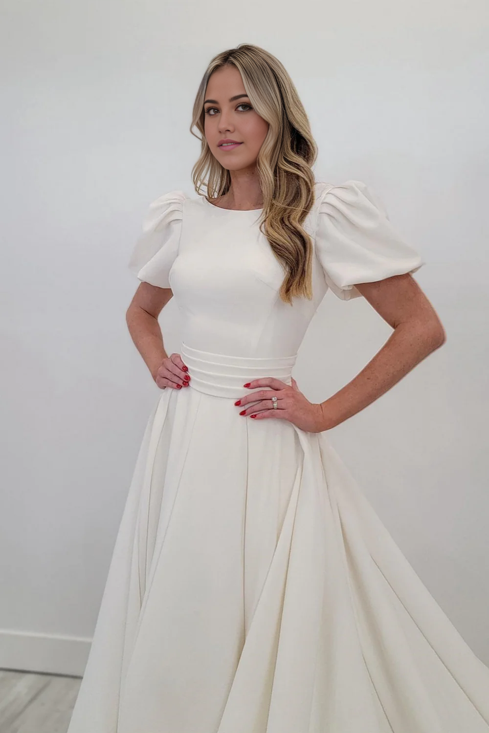 Wholesa A-line Puff Sleeves Satin Sweeping Long Wedding Dress