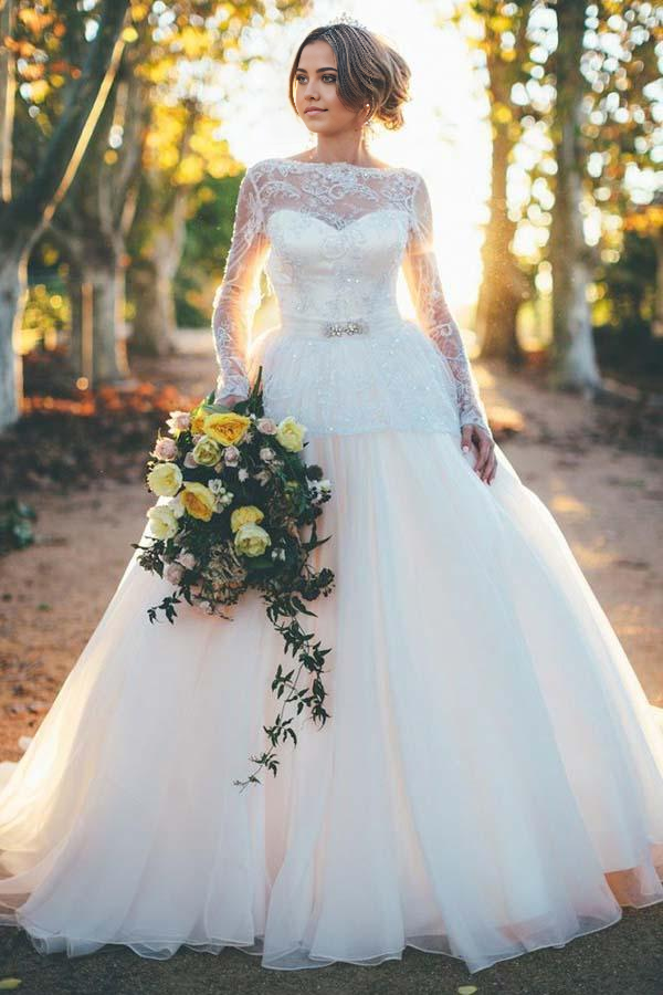 Wholesa A-line Long Sleeves Organza Ball Gown Wedding Dress with Beading Lace