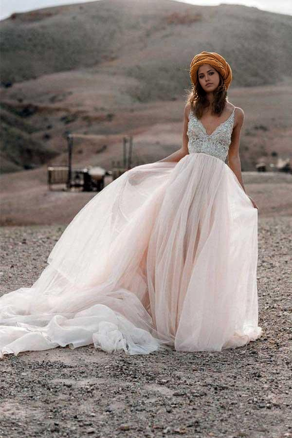 Wholesa A-line V-neck Sparkle Beading Backless Bridal Gowns Wedding Dresses