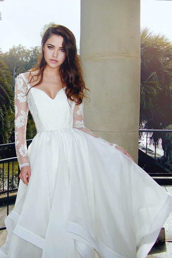 Wholesa A-line Glamorous V Neck Long Sleeves Lace Organza Wedding Dresses