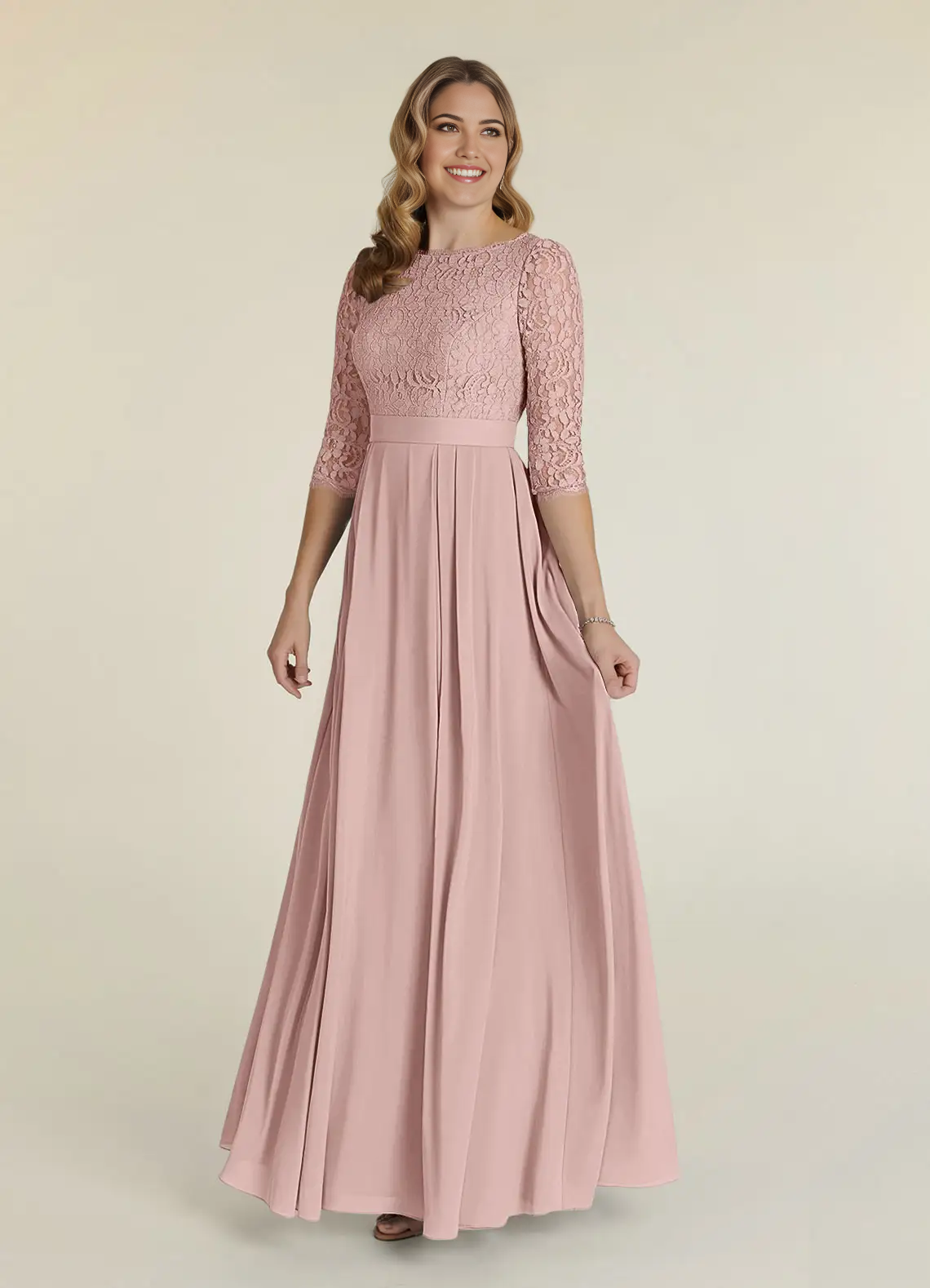 Wholesa A-Line Crew Neck Lace Dusty Rose formal dresses evening dress Mother of the Bride Dresses