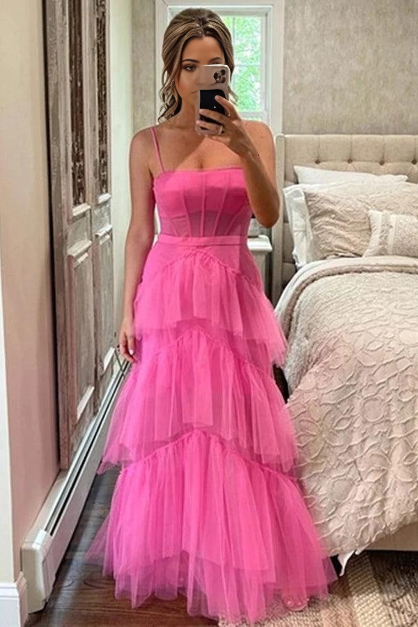 Wholesa A-line Princess Hot Pink Tiered Tulle Long Prom Dress Evening Dress