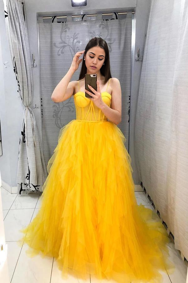 Wholesa A Line Sleeveless Yellow Tulle Prom Dress Evening Gown