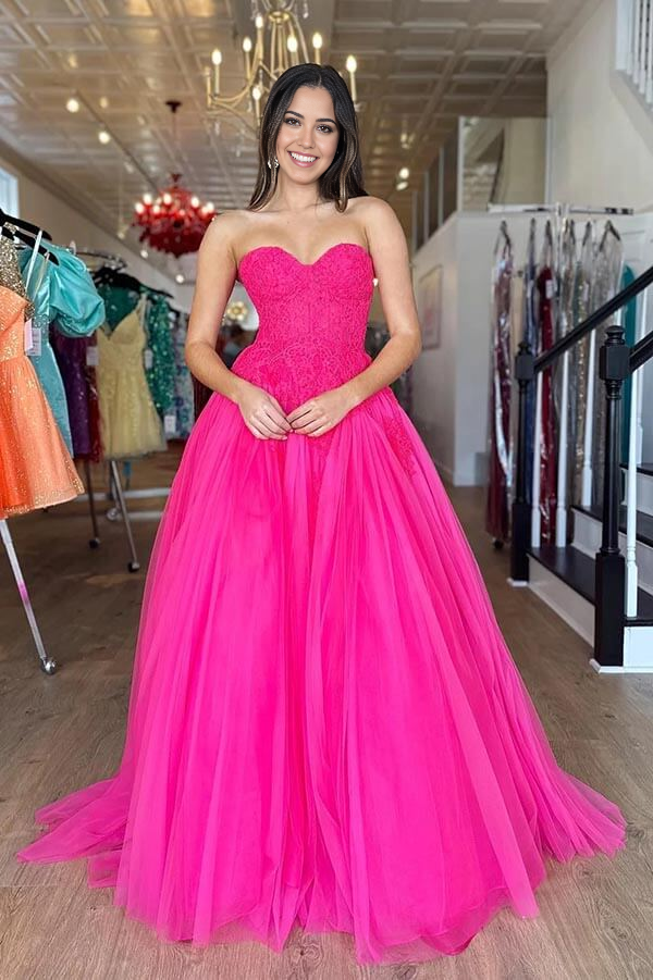 Wholesa A-line Tiered Tulle Strapless Lace Bodice Long Prom Dresses