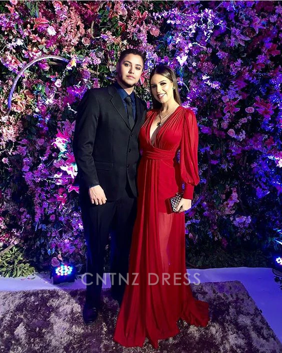 Wholesa A-line V Neck Long Sleeves Red formal dresses Bridesmaid Dresses evening gown Prom Dress