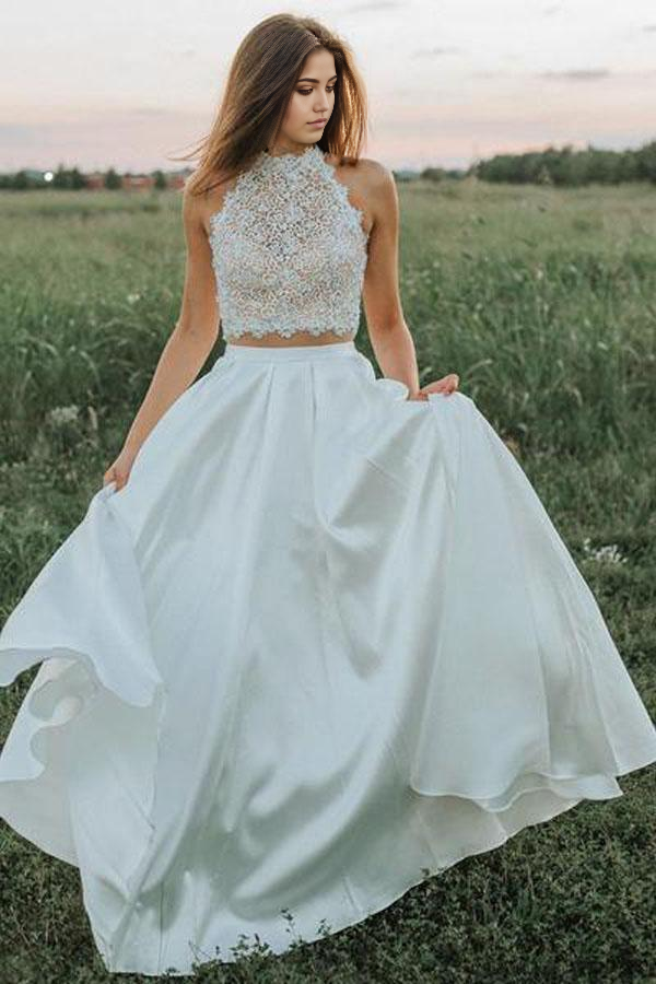 Wholesa Two Pieces A Line Lace White Wedding Dresses With Pockets