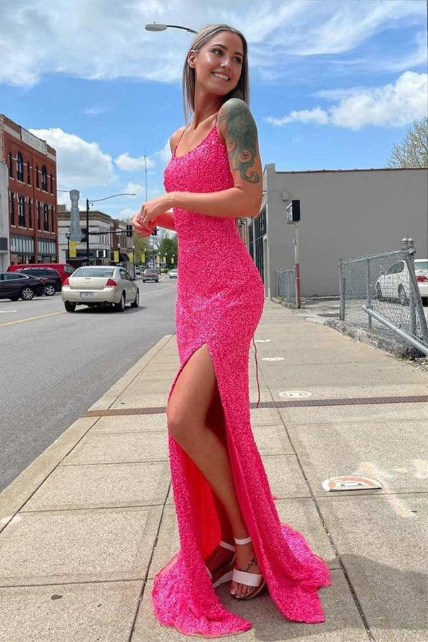 Wholesa Mermaid Glitters Hot Pink Long Prom Evening Dress with Slit