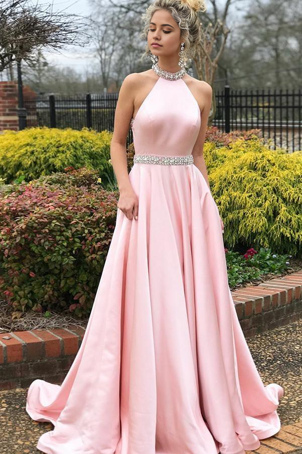Wholesa A-Line Open Back Sleeveless Pink Satin Prom Dress with Beading