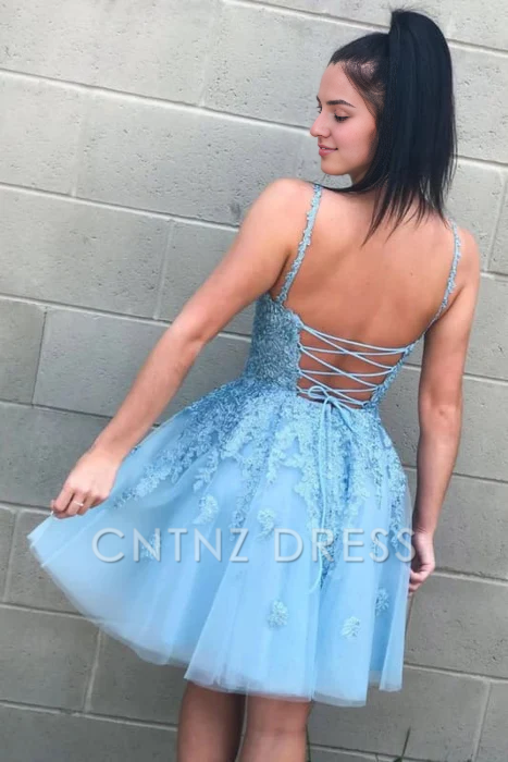 CNTNZ DRESS Hot Sale Short Prom Dress A Line V Neck Spaghetti Strap Backless Lace Appliques Tulle Cute Homecoming Dress