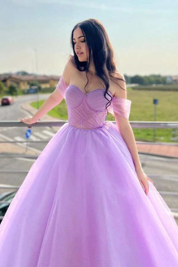 Wholesa A-Line Tulle Sweetheart Neck Purple Long Prom Dress Formal Dresses