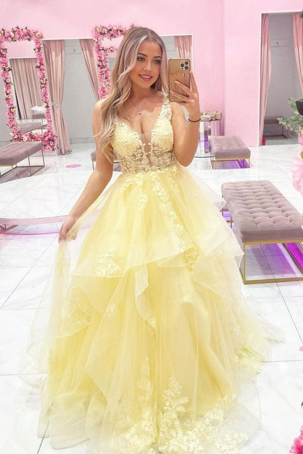 Wholesa A-line V Neck Tulle Lace Yellow Long Prom Dress Evening Dress