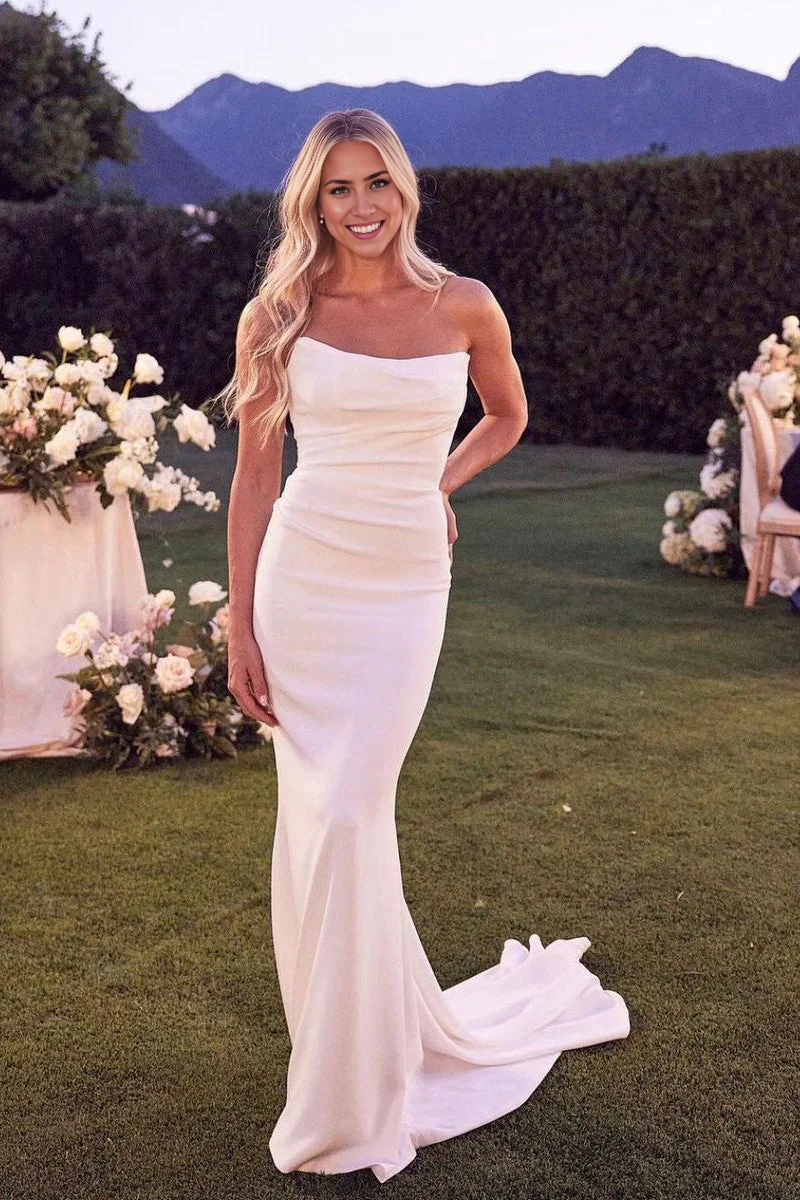 Wholesa Mermaid Strapless Satin Wedding Dresses with Train
