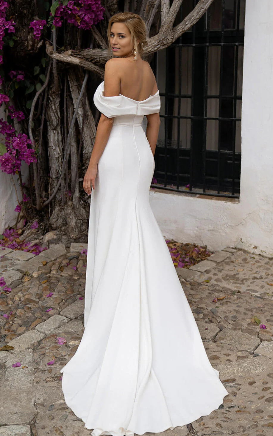 Wholesa Mermaid Sheath Satin Off-the-Shoulder Wedding Dress with Zipper and Slit