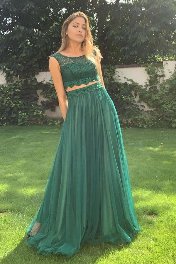 Wholesa Two Pieces Tulle Scoop Neckline Evening Gown Prom Dresses With Appliqued