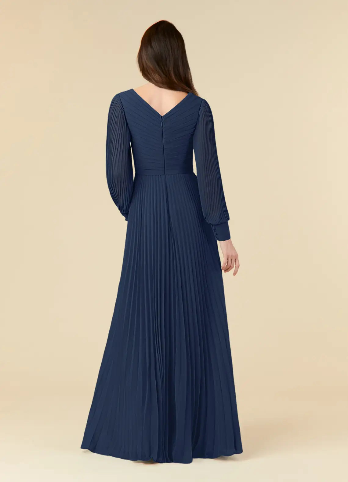 Wholesa A-Line V-Neck Long Sleeve Pleated Chiffon Dark Navy formal dresses evening dress Mother of the Bride Dresses