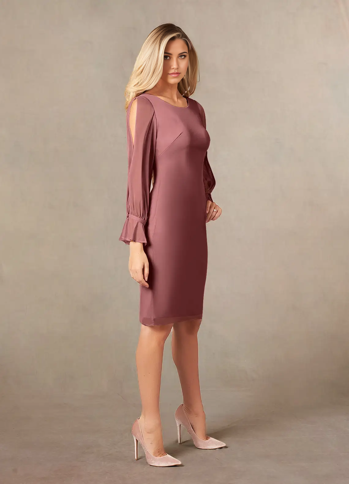 Wholesa Sheath Crew Neck Long Sleeve Tea Length formal dresses evening dress Mother of the Bride Dresses
