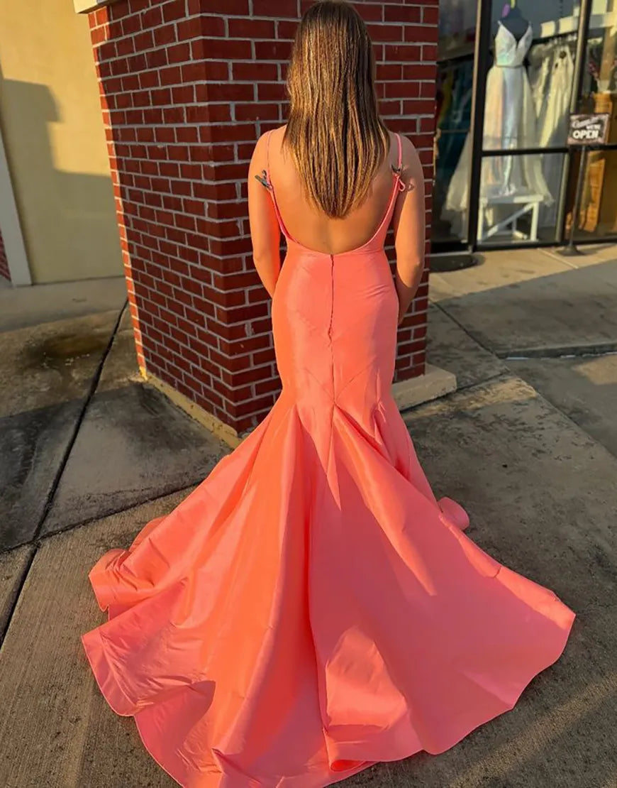 Wholesa Mermaid Spaghetti Straps Orange formal dresses evening gown Long Prom Dress