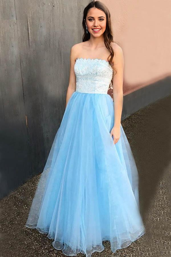 Wholesa A-Line Strapless Lace Floor-Length Light Blue Prom Dress with Beading