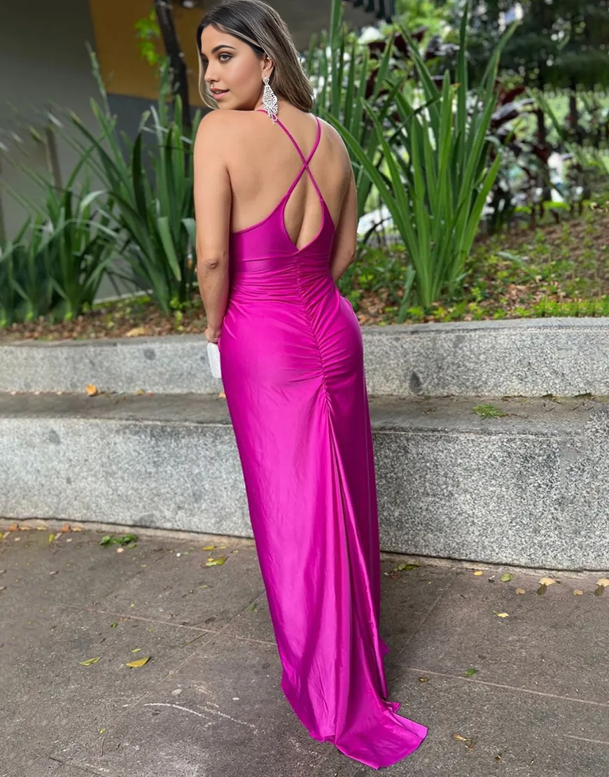 Wholesa Mermaid Spaghetti Straps Ruched Satin Fuchsia Long formal dresses evening gown Prom Dress with Slit