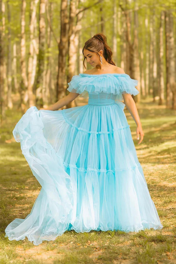 Wholesa A-line Ruffles Off the Shoulder Corset Blue Prom Dress