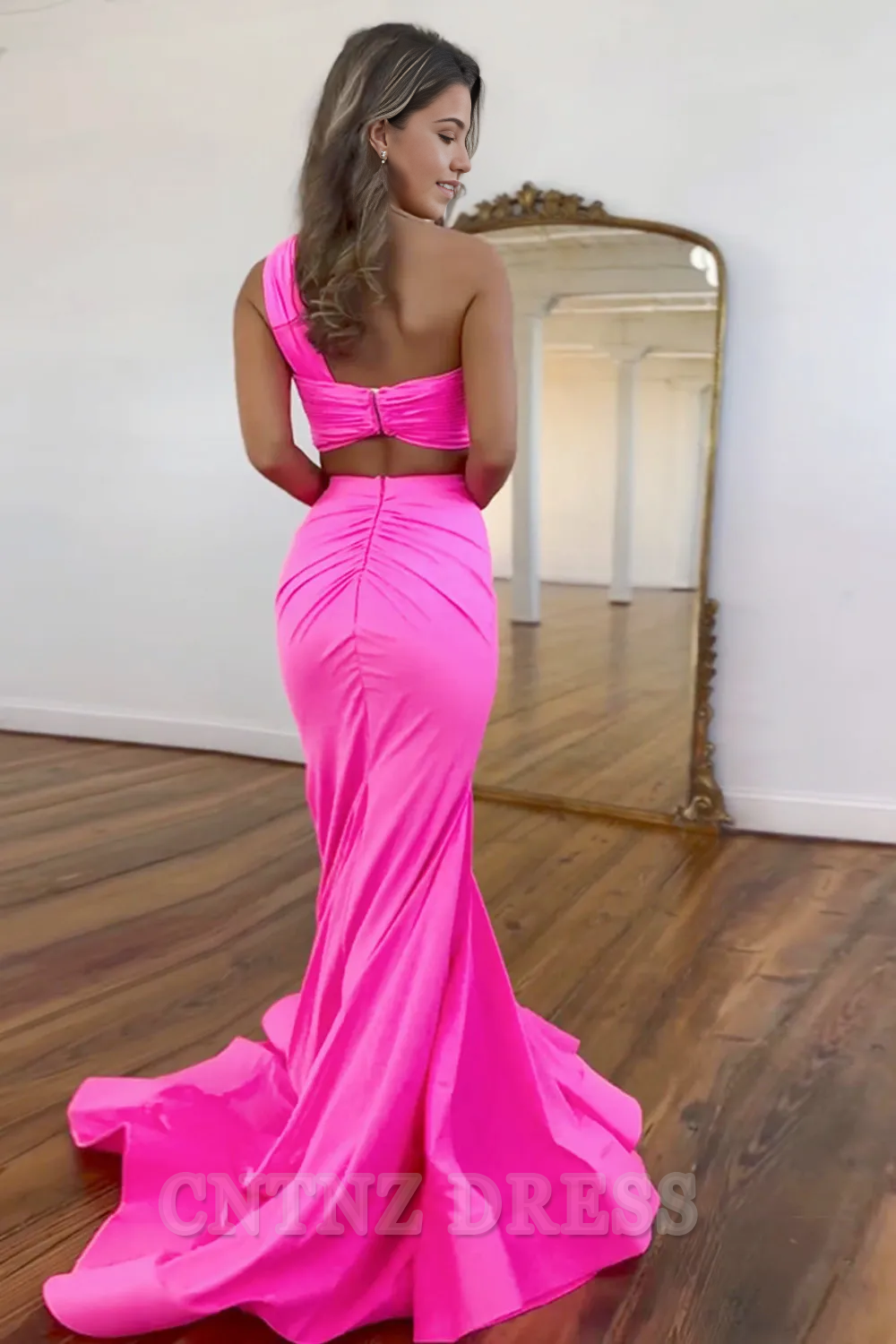 Wholesa Mermaid One Shoulder Cutout Waist Satin Long formal dresses evening gown Prom Dress