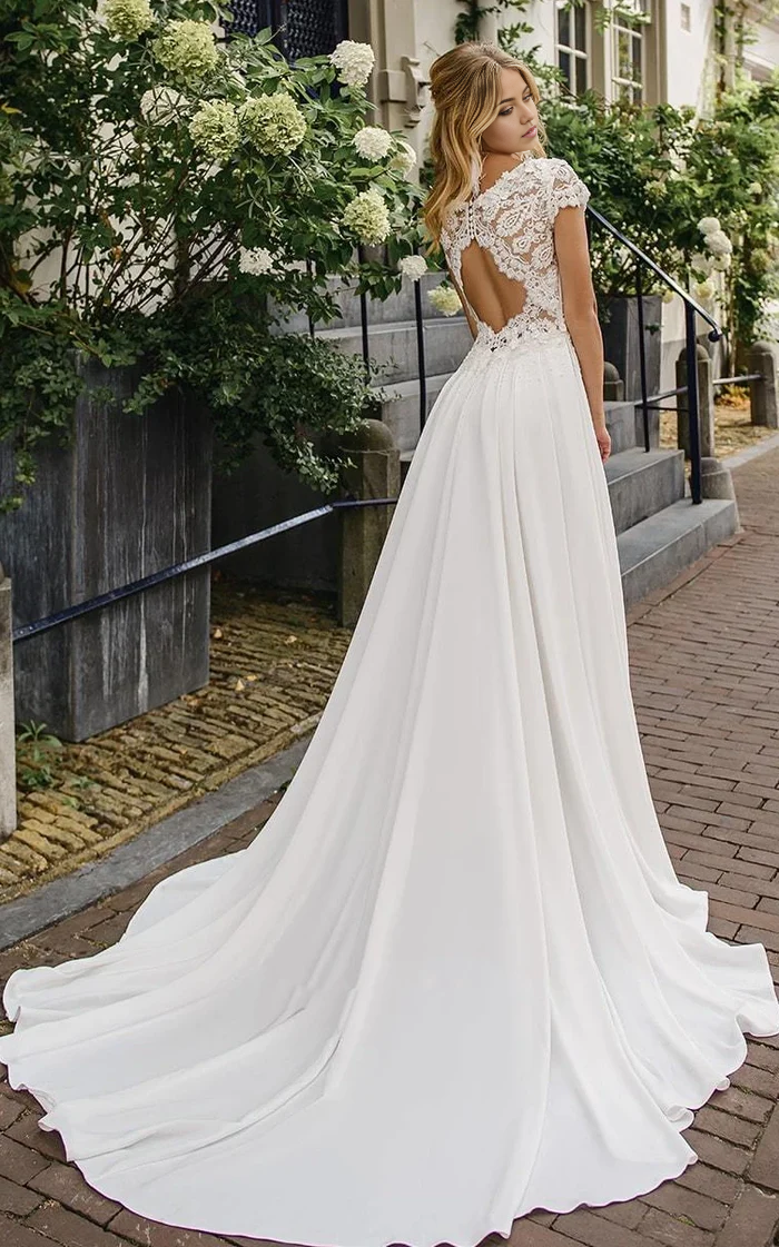 Wholesa A Line Elegant Lace Bateau Court Train Satin Wedding Dress with Ruching