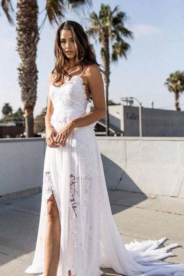 Wholesa Beach A-line Spaghetti Strap White Lace Chiffon Bridal Wedding Dresses