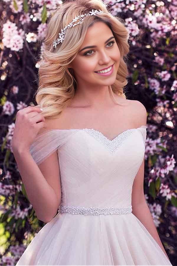 Wholesa A-line Off-the-shoulder Tulle Neckline Wedding Dress With Beading