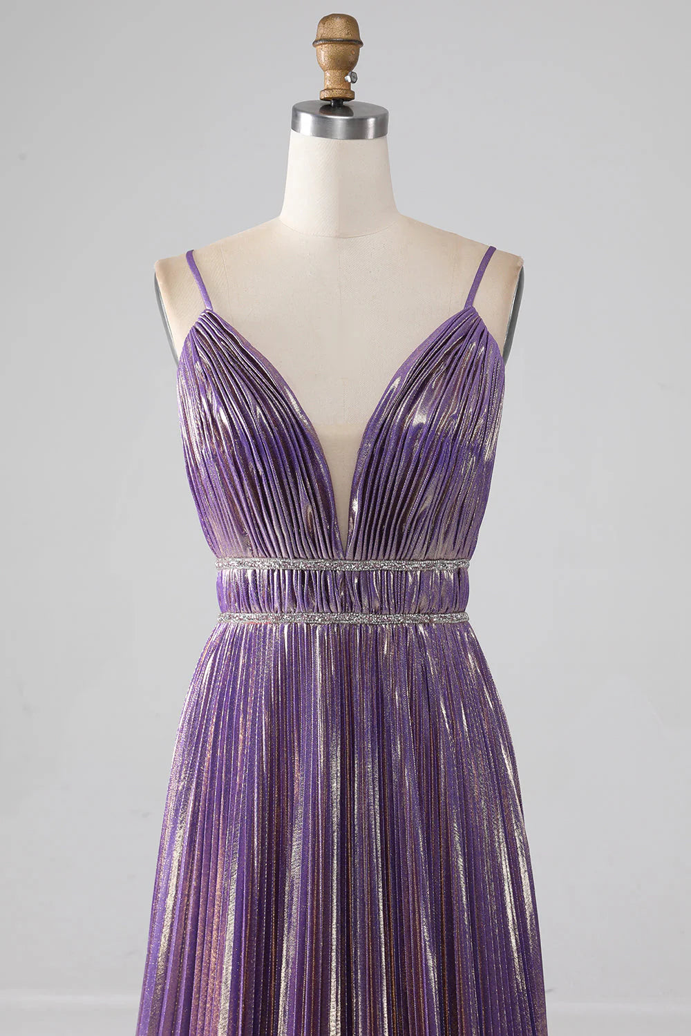 Wholesa A-Line Glitter Spaghetti Straps Pleated Prom Dress