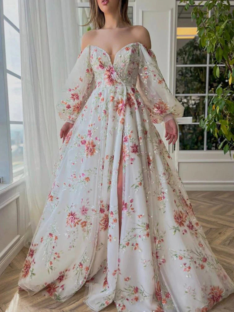 Wholesa A-Line Sweetheart Long Sleeves Floor-Length Prom Dresses