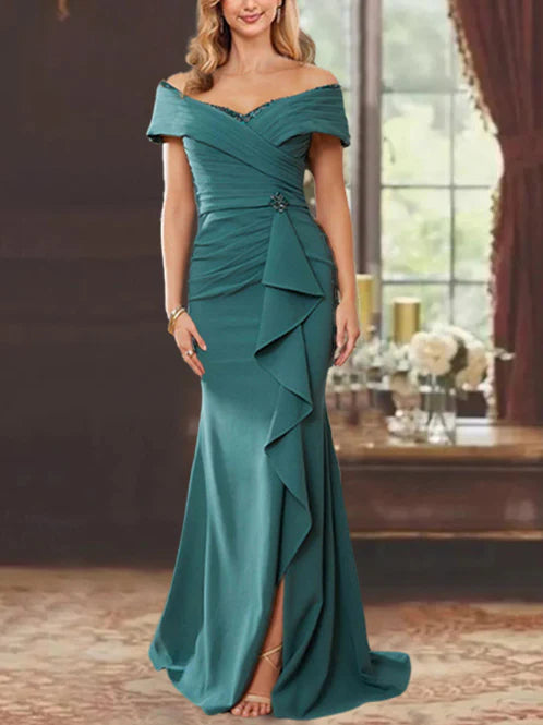 Wholesa Sheath Column Floor-Length Off-The-Shoulder Mother Of The Bride Dresses With Ruffles