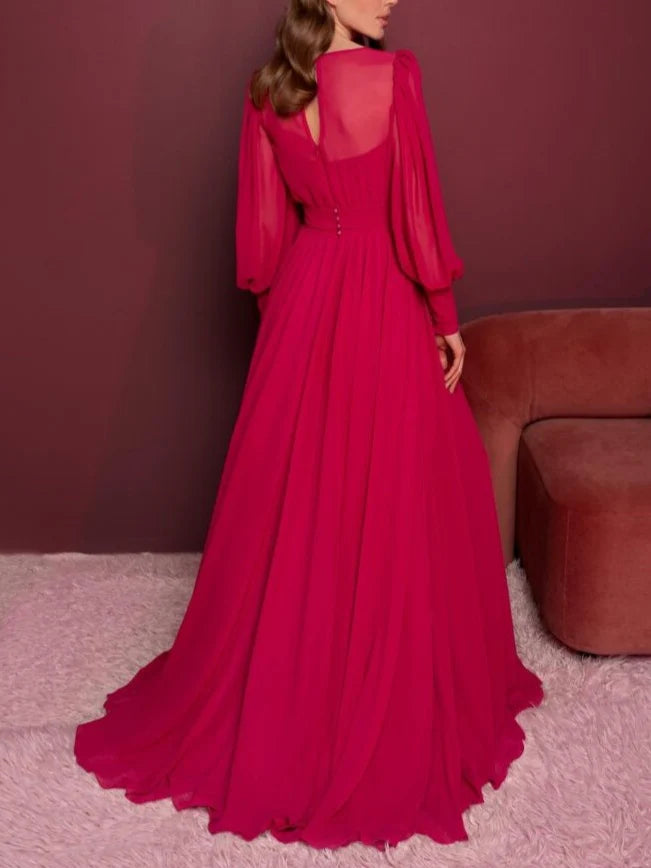 Wholesa A-Line V-Neck Long Sleeves Floor-Length Evening Dress