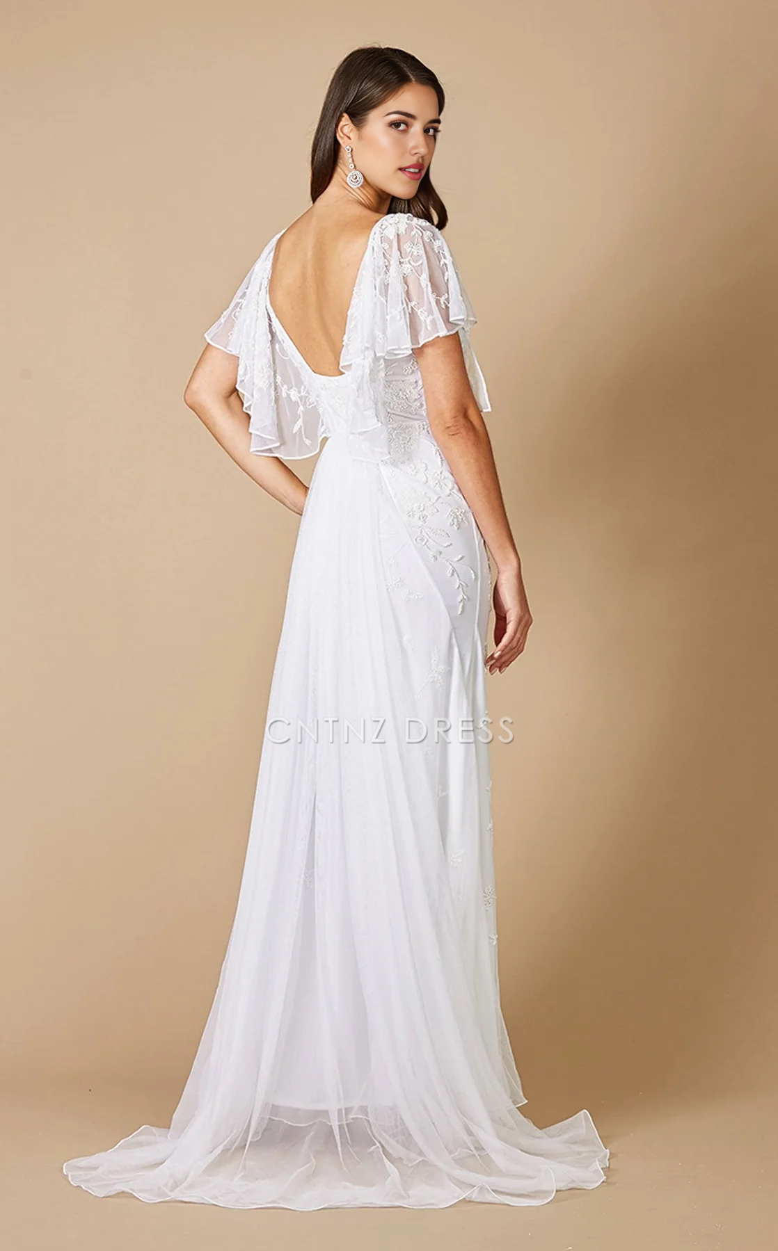 CNTNZ DRESS Fashion Sheath V Neck Flutter Sleeve Floral Embellished Gown With Open Back Exquisite Hot Sale Wedding Dress